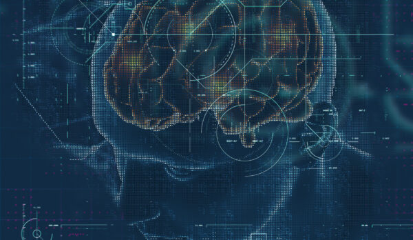 3D render of a medical background with male figure with brain highlighted and techno overlay