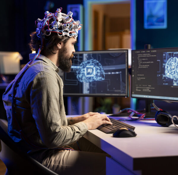 Software developer with EEG headset on writing code allowing him to transfer mind into computer virtual world, becoming one with AI. Transhumanist using neuroscientific tech to gain superintelligence